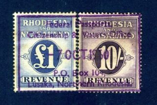 Rhodesia & Nyasaland:1956 10/ - Violet And £1 Blue Revenue - Barefoot 6&7 -