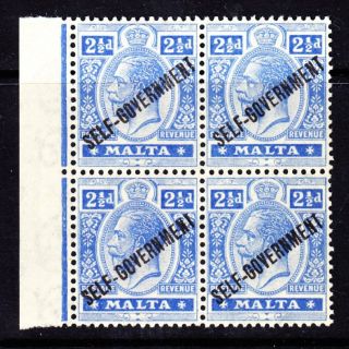 Malta 1922 Kgv Sg118 21/2d Bright Blue Self - Government Ovpt Mnh Block Of Four