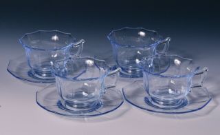 4 Decagon Cups & Saucers - Signed - Cambridge Glass - Moonlight Blue