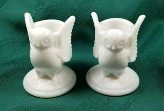 Set Of 2 Vtg Westmoreland White Milk Glass Owl Toothpick/match Holders Figures