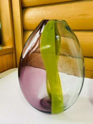 Large Decorative Art Glass Vase Purple Green Clear Handblown