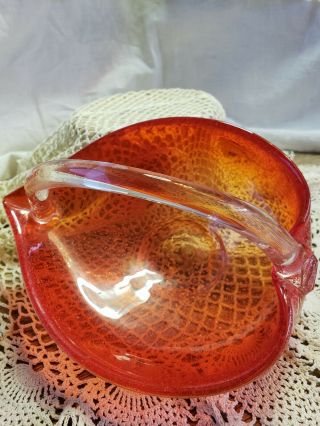 Vintage Murano Art Glass Tangerine Gold Fleck 6 " Basket Candy Dish Clear Handle