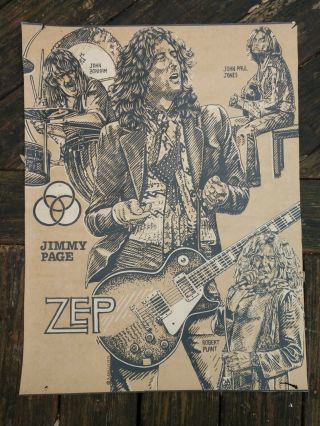Vintage 1977 Led Zeppelin Poster Artist K.  Chillis Page Plant Bonham