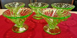Set Of 5 Vintage Federal Green Depression Glass Footed Dessert Bowls Swirl Patte