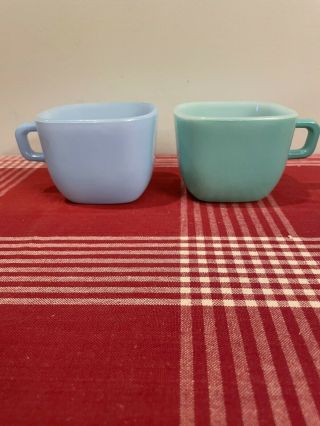 2 Vintage Mcm Square Lipton Soup Mug Made By Glasbake,  Green And Blue