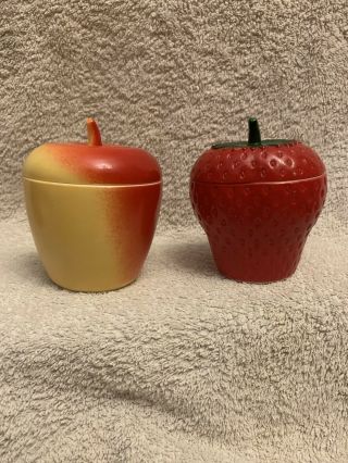 Apple And Strawberry Hazel Atlas Milk Glass Canisters