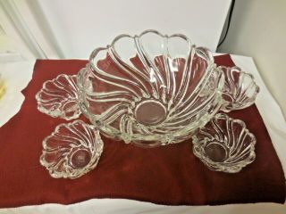 5 - Pc Hazel Atlas Swirl Serving Bowl & Small Berry Dessert Bowls - Clear Glass