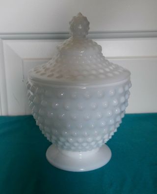 Vintage White Milk Glass Hobnail Covered Pedestal Footed Candy Dish