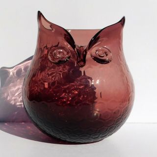 Murano Glass Art Owl Vase Honeycomb Amethyst Purple Vintage Mid - Century Modern