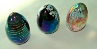 3 Vintage Mt Saint Helens Msh Art Glass Egg Paperweights " Iridescent Cobalt