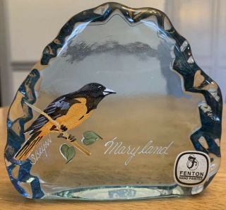 Unique Blue Fenton Hand Painted By S.  Bryan Maryland Oriole Bird Paperweight
