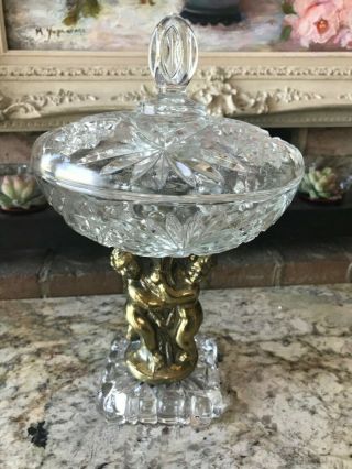 Vtg Brass Cherubs Pedestal Candy Bowl Dish W Lid; Clear Pressed Glass 12 " Tall