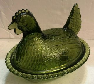 Vintage Indiana Glass Chicken / Hen On Nest Candy Dish 7 " Green Color