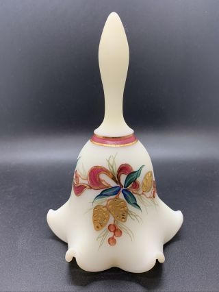 Fenton Hand Painted Ivory Satin Glass Bell - Golden Pine Cones Pattern - Signed