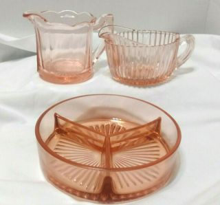 Vintage Pink Depression Glass Art Deco 2 Creamers & 1 Divided Bowl Good