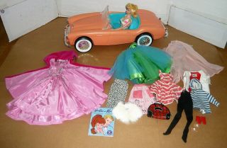 Vintage Mattel 7 Blonde Barbie Doll W/clothes & Austin Healey Convertible