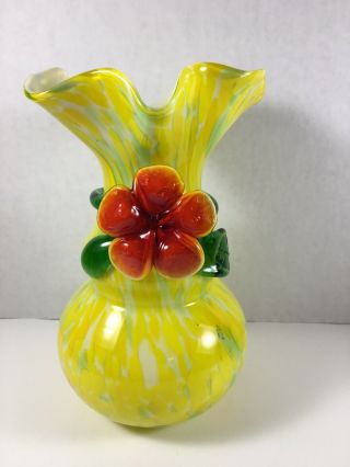 Hand Blown Glass Vase Yellow White Green Swirl And Applied Red Flower Murano?