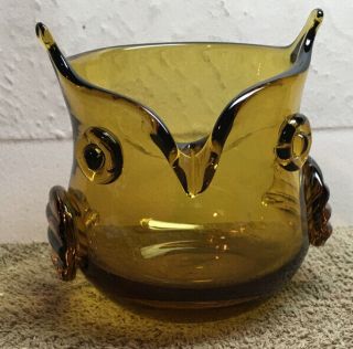 Amber Hand Blown Art Glass Owl Votive Candle Holder Small Vase