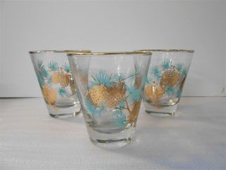 3 Vintage Mcm Libbey David Douglas Gold/aqua Pine Cone Cocktail Barware Glasses