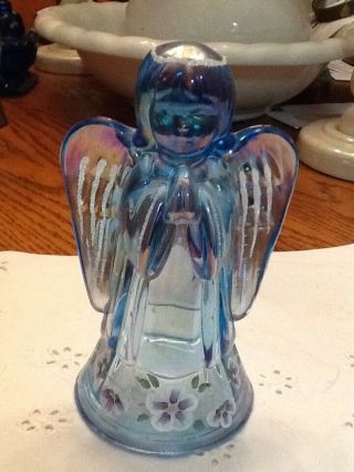 Fenton 6 " Girl Iridescent Pale Blue Glass Praying Angel W/hand Painted Flowers