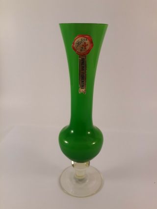 Empoli Opalina Fiorentina Hand Blown Cased Glass Green Bud Vase 7 3/4 " Tall
