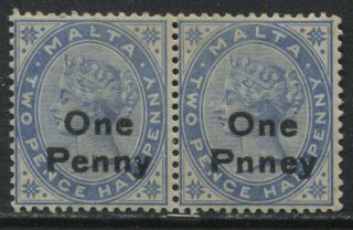 Malta Qv 1902 2 1/2d Overprinted Pair Showing Variety " Pnney " O.  G.  Hinged