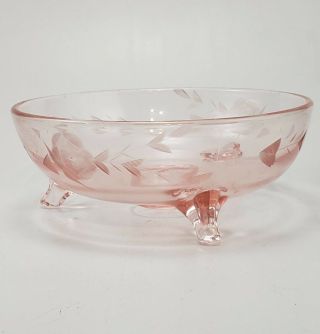 Vintage Pink Depression Glass 3 Footed Candy Dish Bowl Etched Flower Pattern