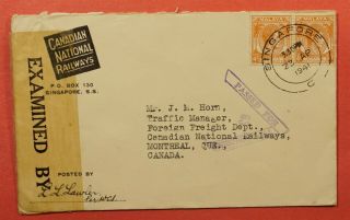 1941 Malaya Canada Ntl Railways Singapore To Canada Wwii Censor
