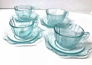 4 Vtg Aqua Teal Federal Pressed Glass Madrid Recollection Cups & Saucers