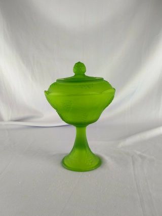 Vintage Green Satin Glass Covered Pedestal Candy Dish W/ Grape Pattern
