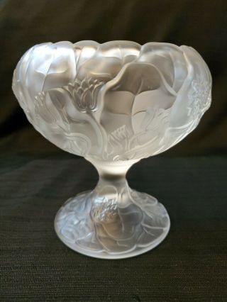 Beatiful Vintage Fenton Clear Satin Glass Compote Water Lilies Pedestal Bowl
