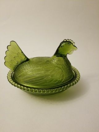 Vintage Indiana Green Glass Hen On Nest Covered Candy Dish W/lid
