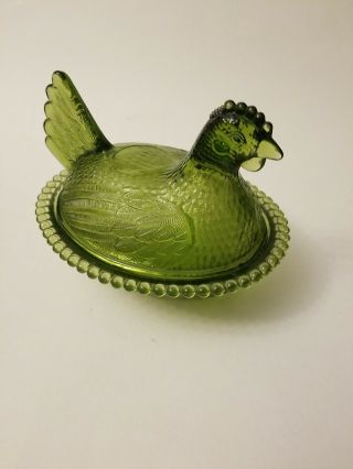 Vintage Indiana Green Glass Hen on Nest Covered Candy Dish w/Lid 2