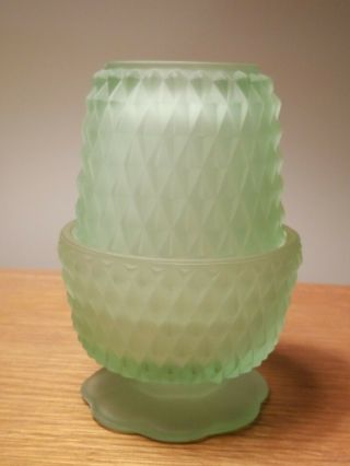 Vintage Indiana Glass Satin Green Diamond Point Pattern Fairy Lamp Candle Holder