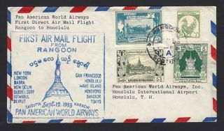 Burma 1953 Pan Am First Flight Cover Rangoon To Honolulu Hawaii