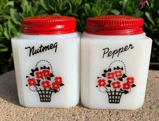 2 - Vintage Tipp Usa Milk Glass Red Blossoms In Basket Nutmeg & Pepper Shakers