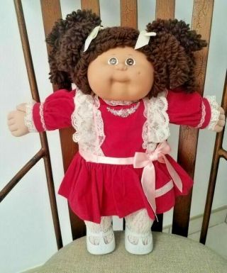 Cabbage Patch Kids Popcorn Girl W/brown Hair &eyes,  Htf Faux Velvet Dress/outfit