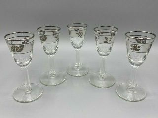 Vintage Libbey Silver Leaf Cordial Glasses Set Of Five Stemmed 4 1/4 " Mcm