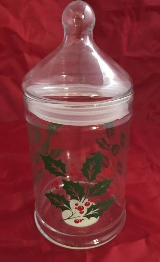 Vintage Indiana Glass Holly Berry Christmas 18oz Canister Candy Storage Jar