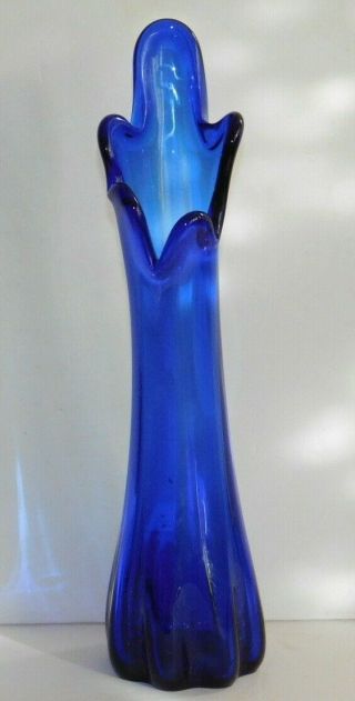 Vtg Swung Glass Vase Cobalt Blue 5 Finger Stretch 11 " Mcm Mid Century