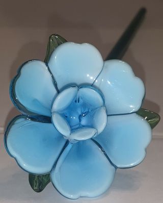 Vintage Long Stem Hand Blown Art Glass 11 Petal Light Blue Flower W/ Leaves 12 "