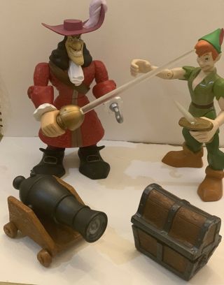Disney Captain Hook & Peter Pan Figures With Articulated Arms,  Weapons,  Treasure
