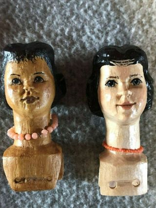 2 Hitty Shoulder Heads By Sara Cole - 1 Wood,  1 Resin