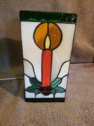 Stained Glass Lamp With Candle W/ Holly Design 8 " H X 3 3/4 " × 3 3/4 "