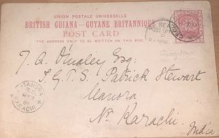 Old British Guiana Sea Post Card To Karachi India Dated 1889.  Postmarked.