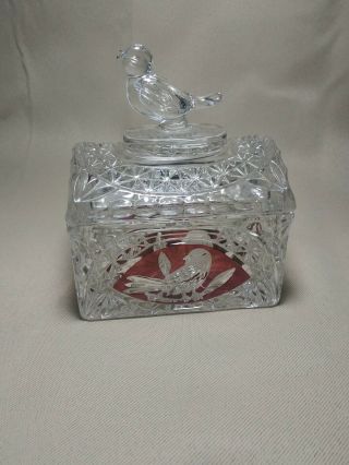 Vintage Hofbauer Byrdes Bird Lead Crystal Burgandy/ Clear Trinket Box With Lid