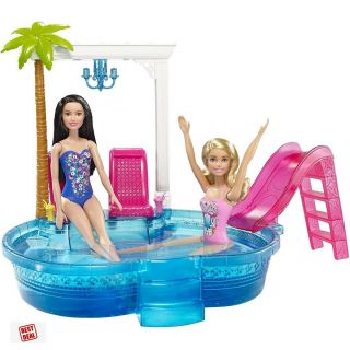 Barbie Glam Pool Doll Swimming Pool With Lounge Chairs And Slide Pool Playset