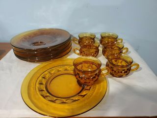 Depression Glass: Amber,  Indiana Thumbprint Kings Crown Snack Set F/6,  Cup/plate