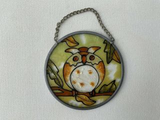Vintage Owl Bird Stained Glass Sun Catcher Window Hanging On Chain