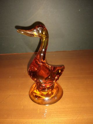 Vintage Viking Glass Goose Duck Bird Figurine Golden Amber 5.  25 " Tall